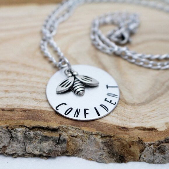 Bee Confident Hand Stamped Pendant Necklace - Handmade - 18" Chain - Picture 1 of 6